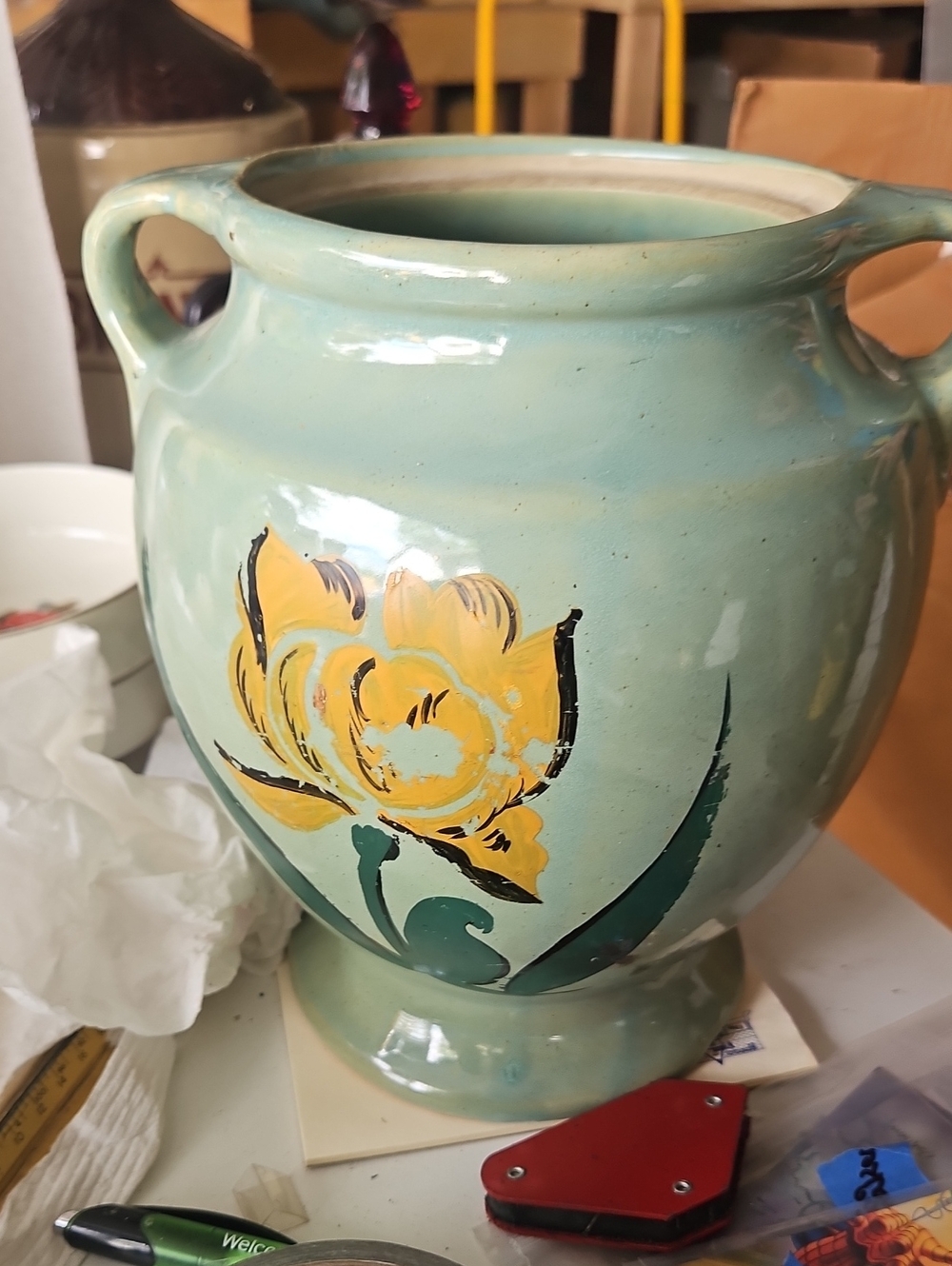 Hand-Painted Turquoise Ceramic Vase with Yellow Floral Motif
